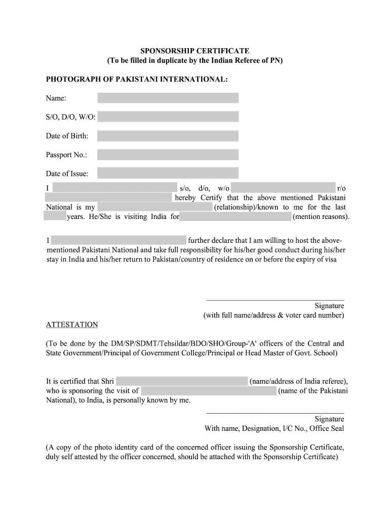 Sponsorship Letter for Pakistan Visa from India  Form