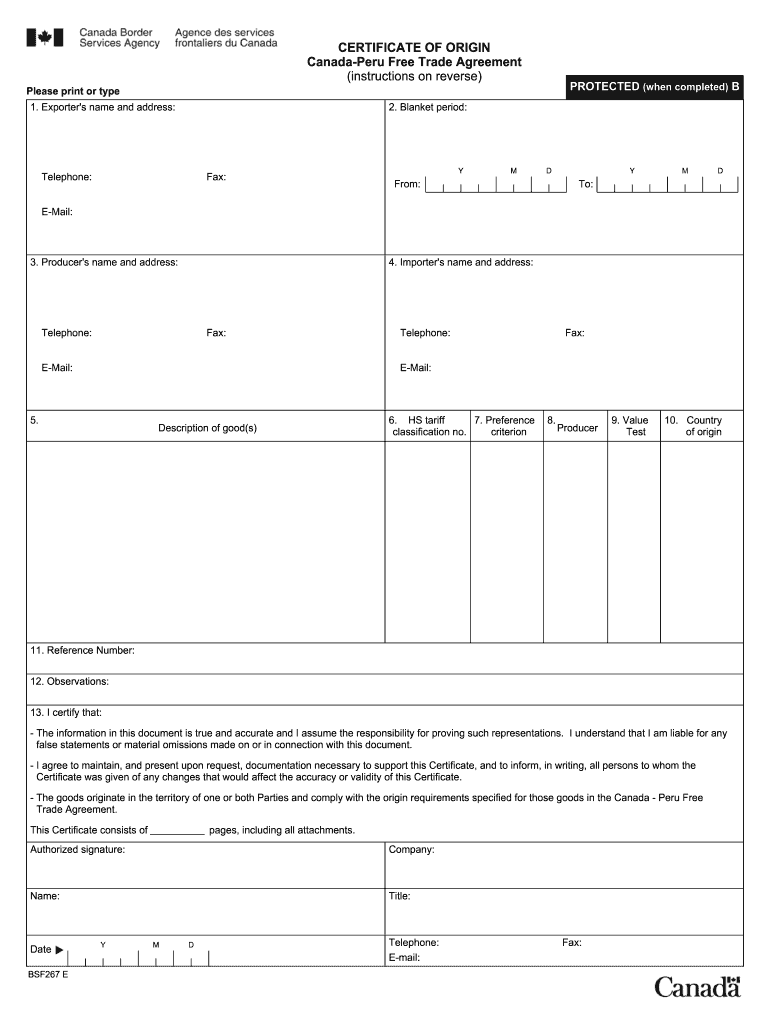  CERTIFICATE of ORIGIN Canada Peru Trade Agreement    Cbsa Gc 2009
