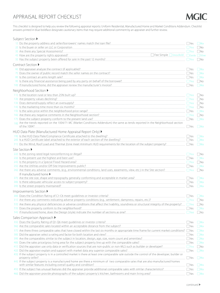  Mgic Appraisal Review Checklist Fill in 2012-2024