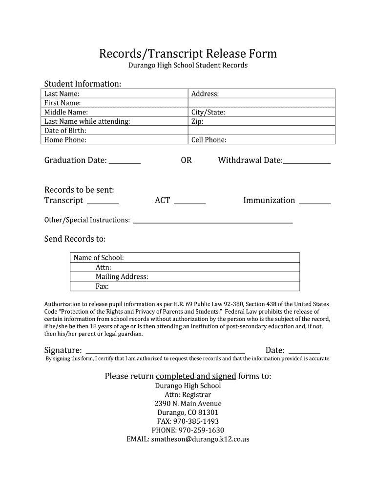 Student Information Release Form High School