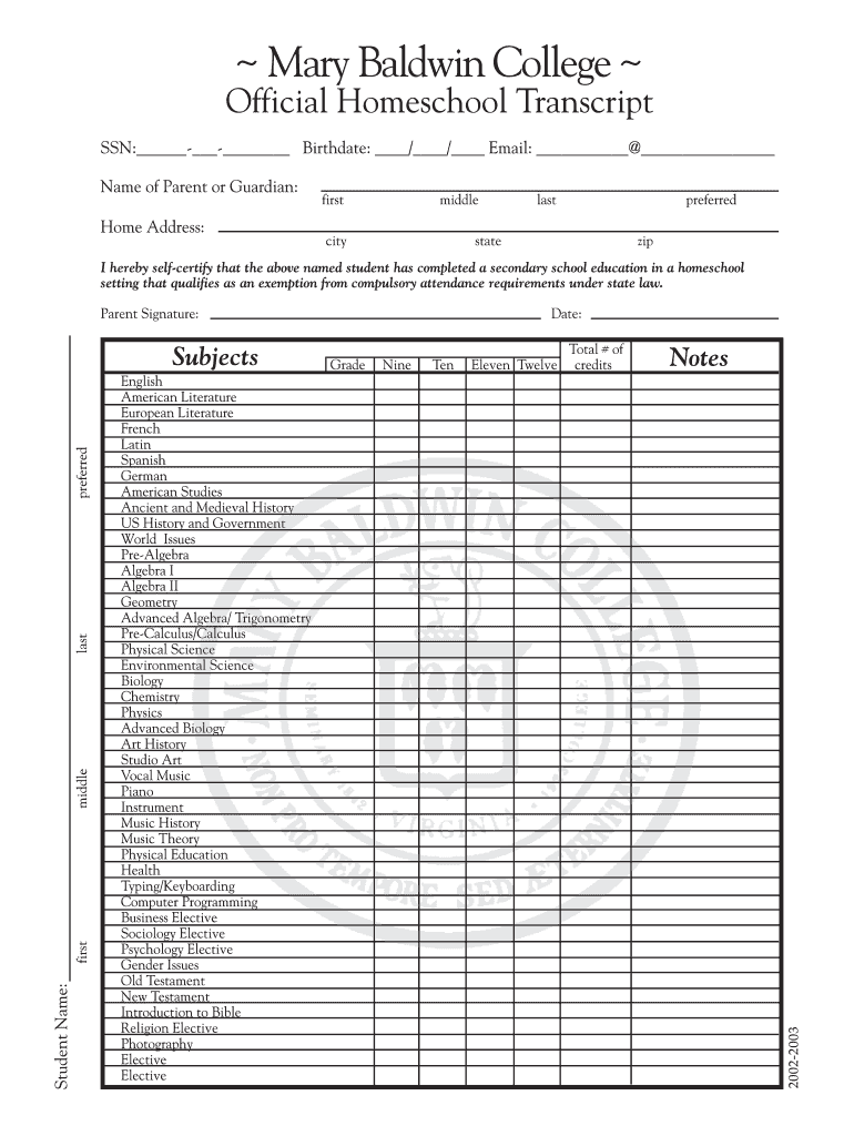 Get and Sign Homeschool Transcript Form  Mary Baldwin College  Mbc 2002-2022