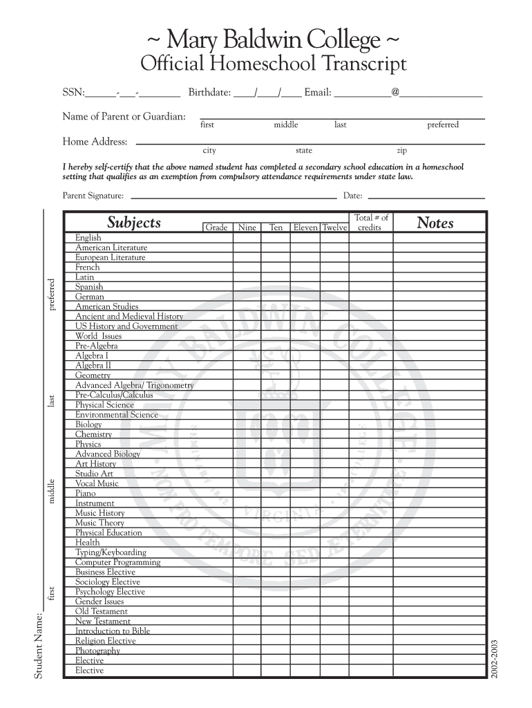  Homeschool Transcript Form  Mary Baldwin College  Mbc 2002-2024