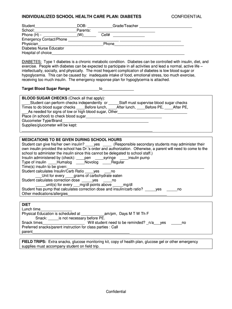 School Diabetes Care Plan  Form