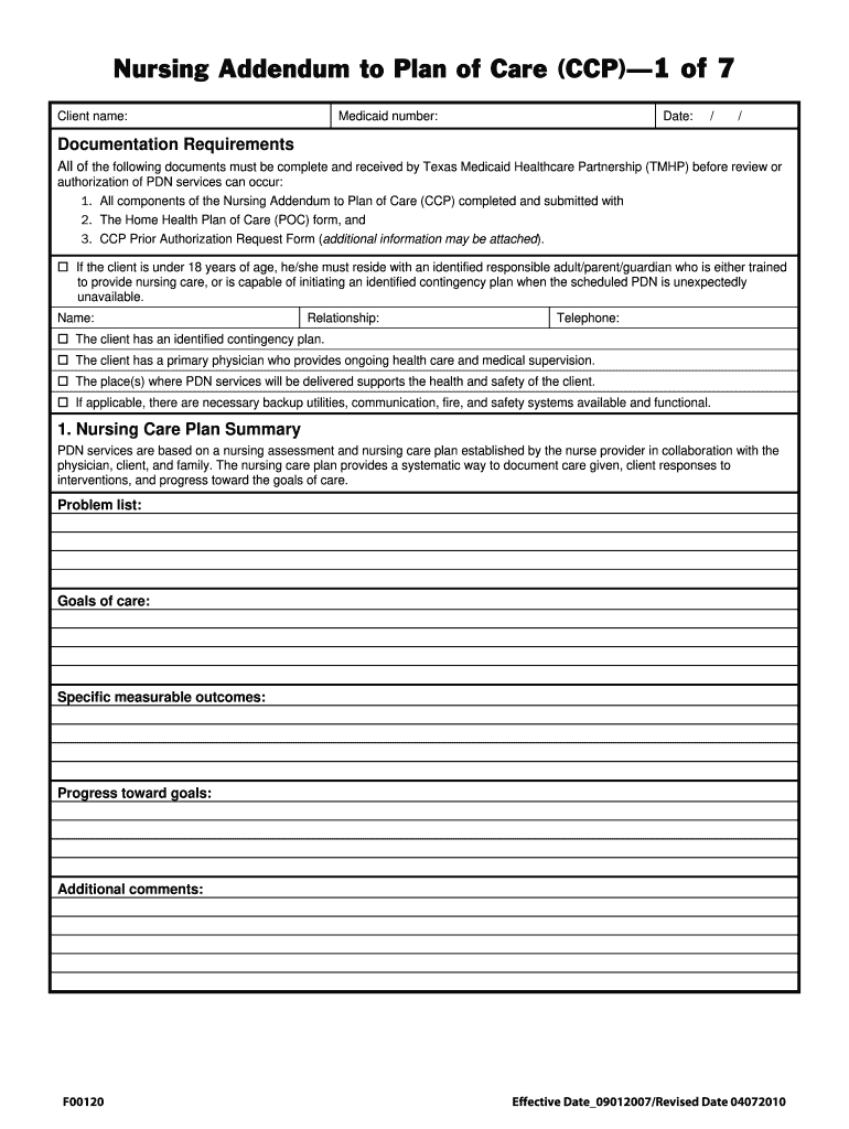  Nursing Addendum to Plan of Care CCP 1 of 7  TMHP Com 2010