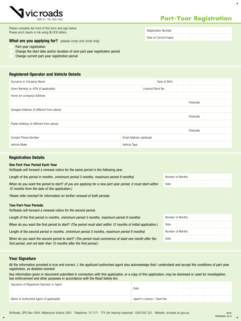  Part Year Registration VicRoads 2010-2024