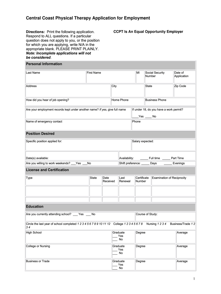 Physical Therapy Job Application  Form