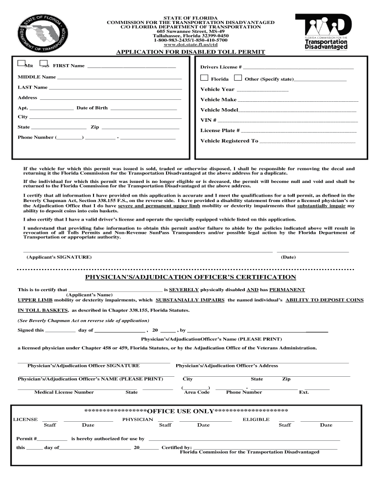 Florida Toll Exemption Permit  Form