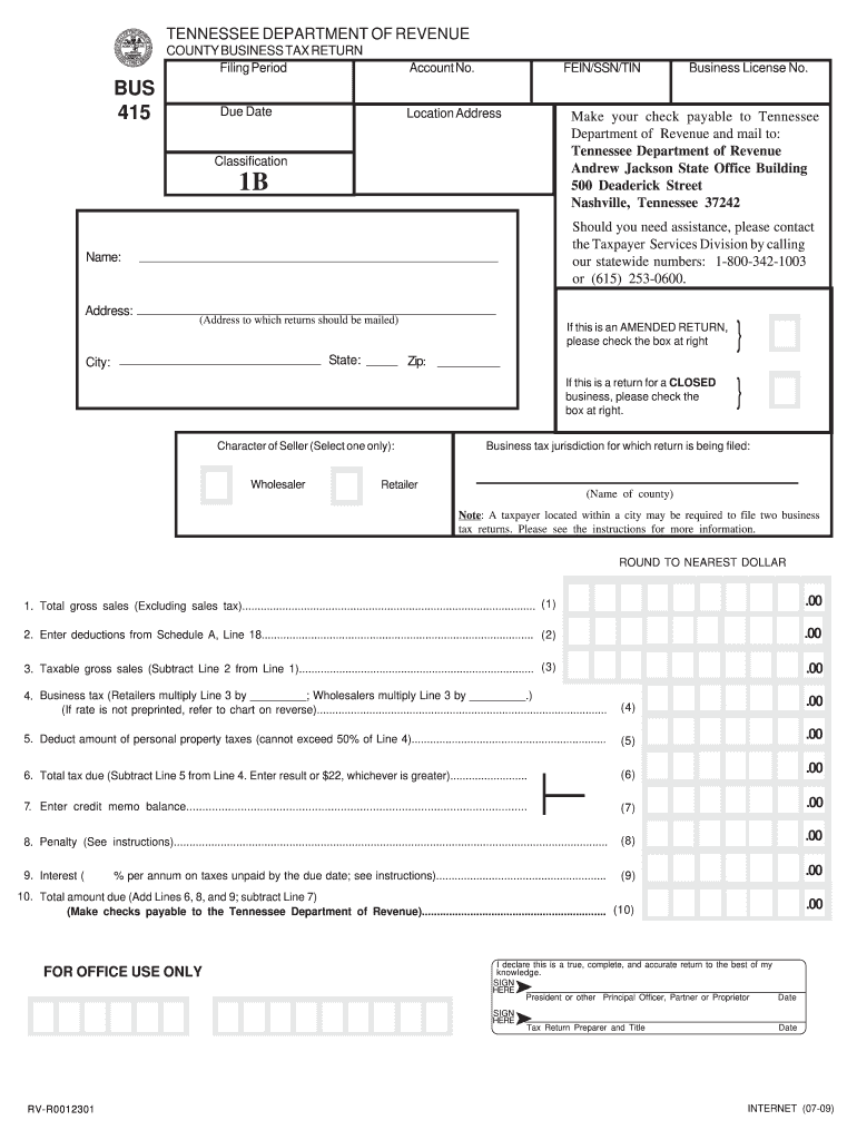  Tennessee County Business Tax Return Bus 415 Form 2015