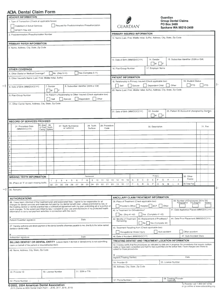  Dental Claim Form 2004