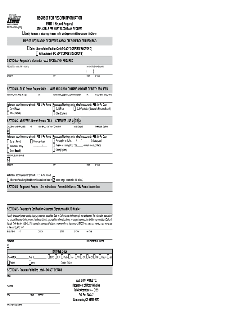 INF 70 California Department of Motor Vehicles State of California  Form