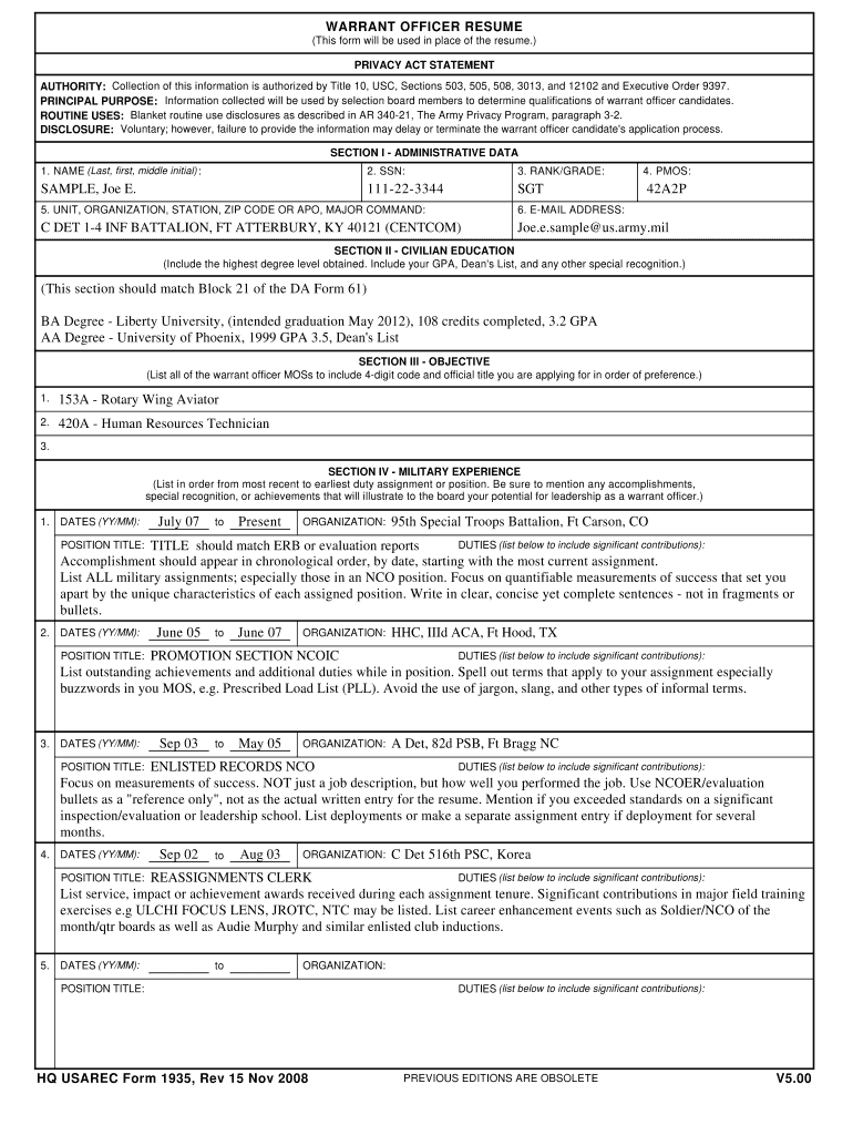 Usarec Form 1935 Fillable PDF