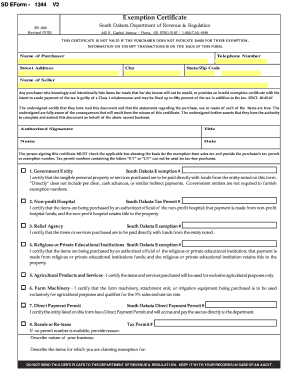 South Dakota Exemption Certificate Form 1344 V2