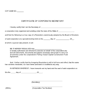 Secretary Certificate for Authorized Representative in Bir  Form