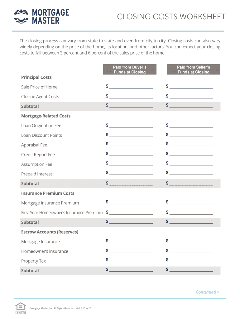 Closing Cost Worksheet Template  Form