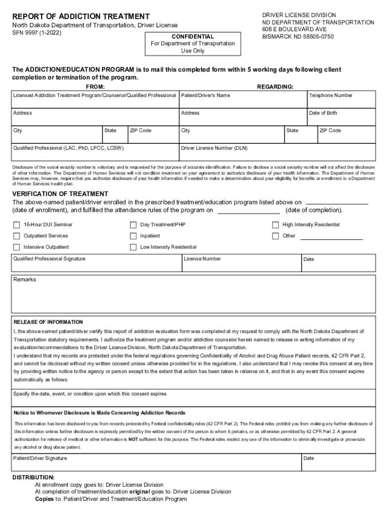 REPORT of ADDICTION TREATMENT North Dakota Department Dot Nd  Form