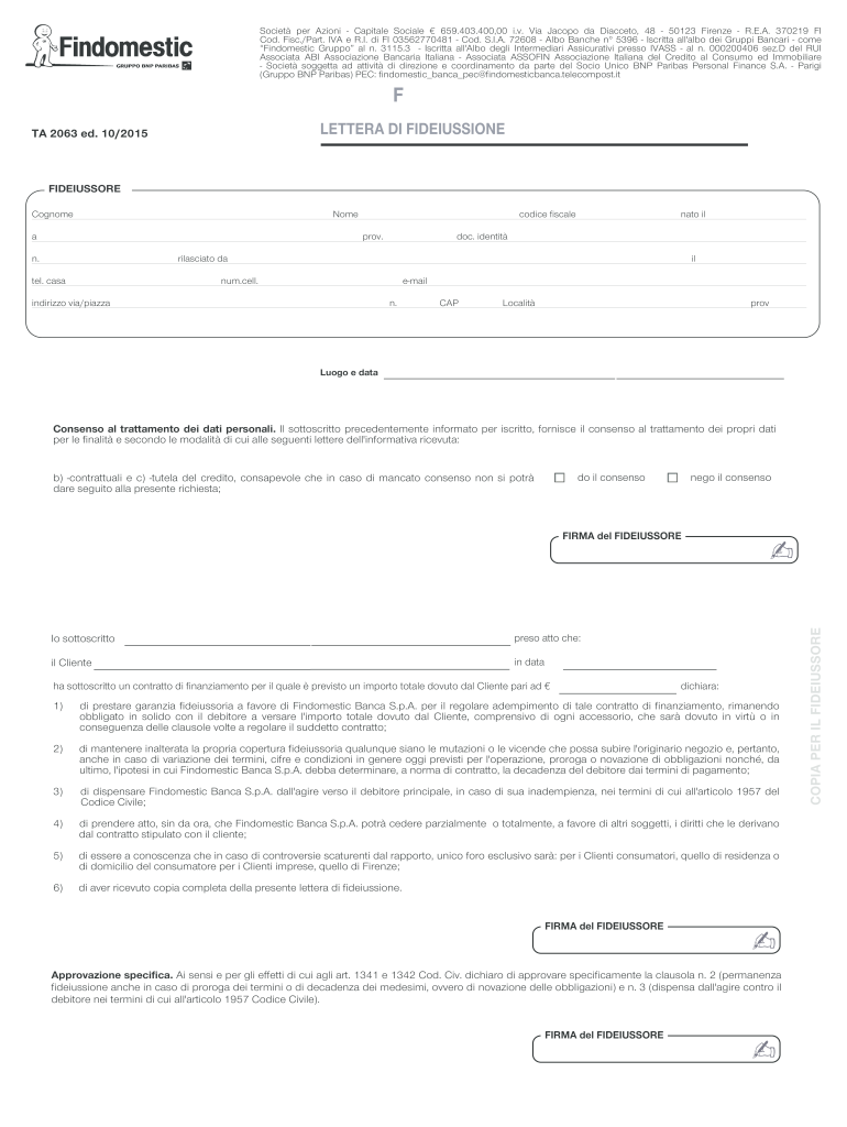 Get and Sign Lettera Di Fideiussione Findomestic 2014-2022 Form