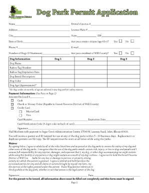 Dog Park Permit Application Forest Preserve District of Will County  Form