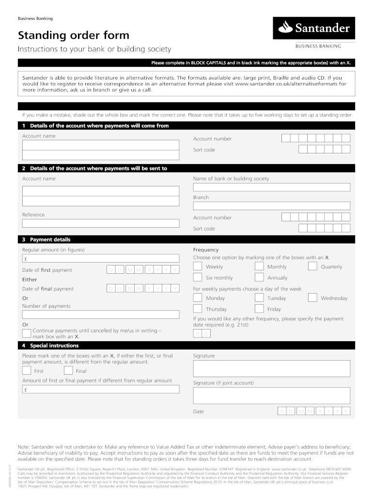  Santander Standing Order Form 2019