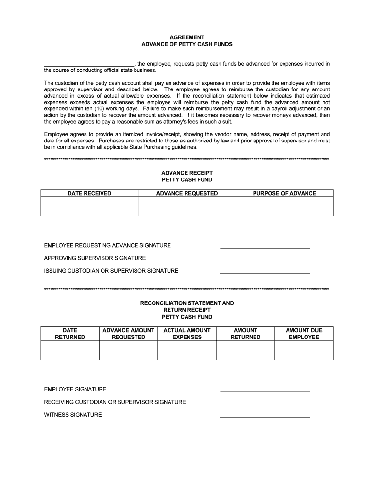 AGREEMENT ADVANCE of PETTY CASH FUNDS , the Employee  Form