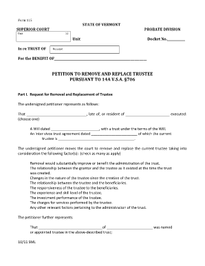 PETITION to REMOVE and REPLACE TRUSTEE PURSUANT to Vermontjudiciary  Form