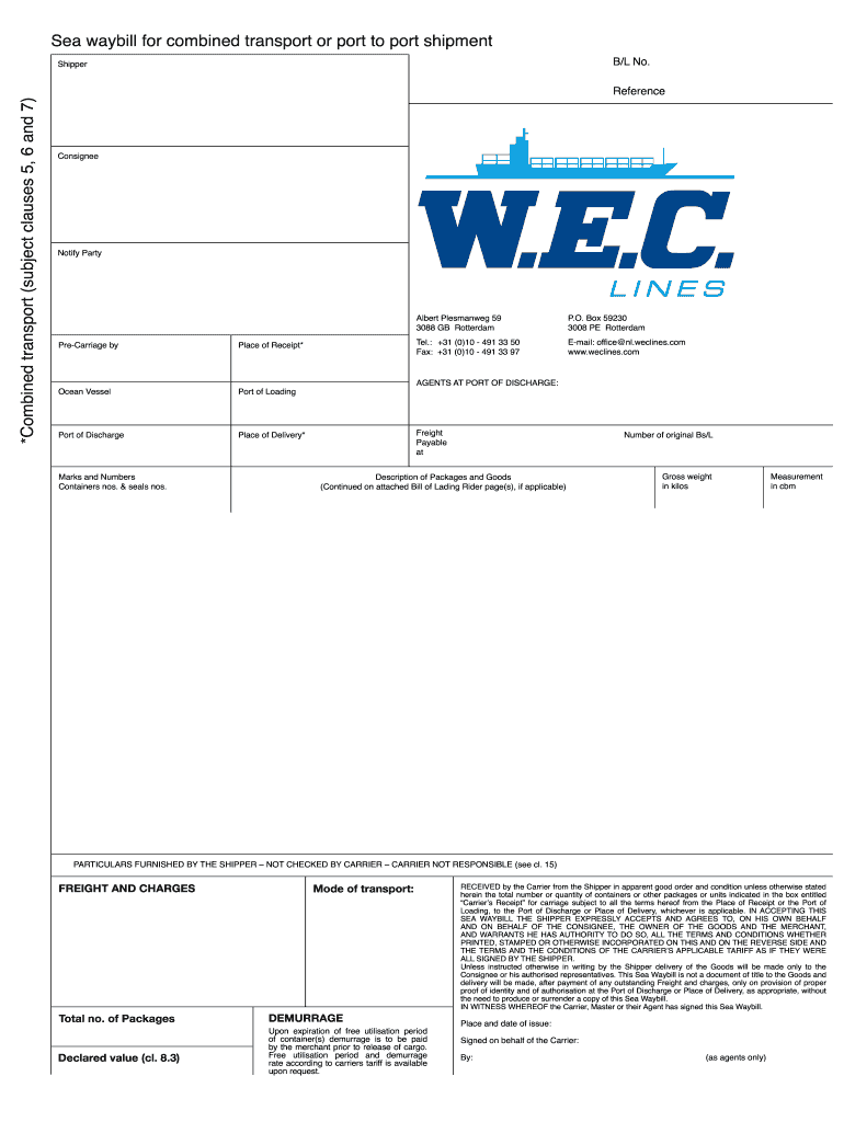  Sea Waybill for Combined Transport or Port to Port  W E C Lines 2011-2024