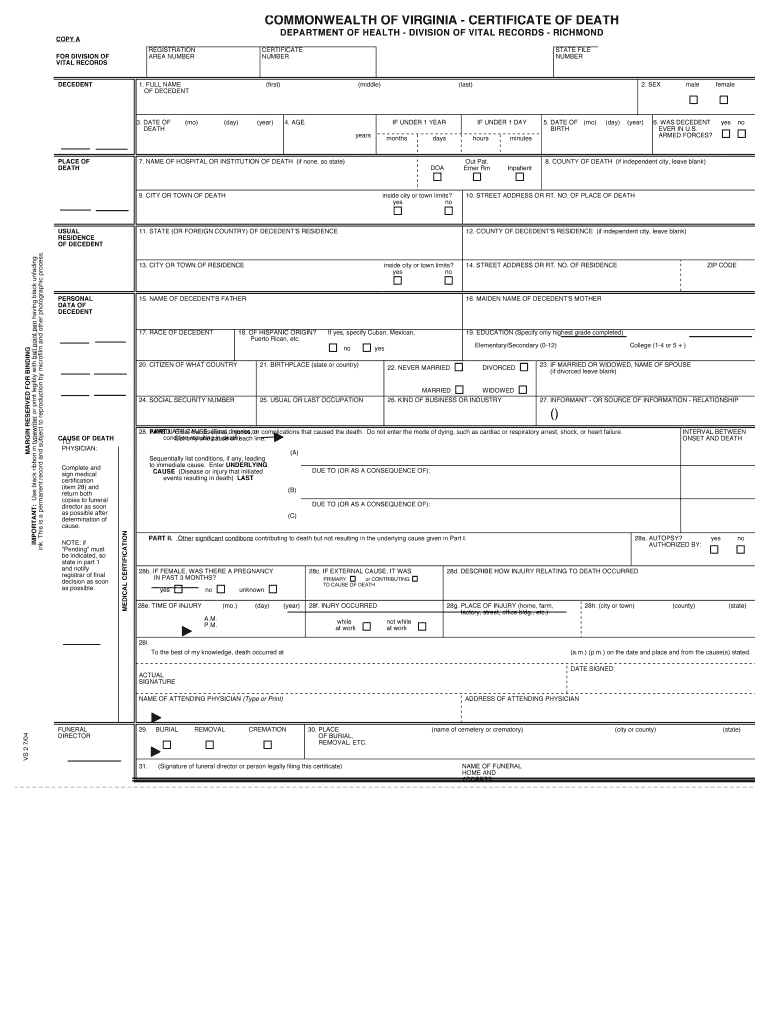  Virginia Death Certificate PDF 2004-2024