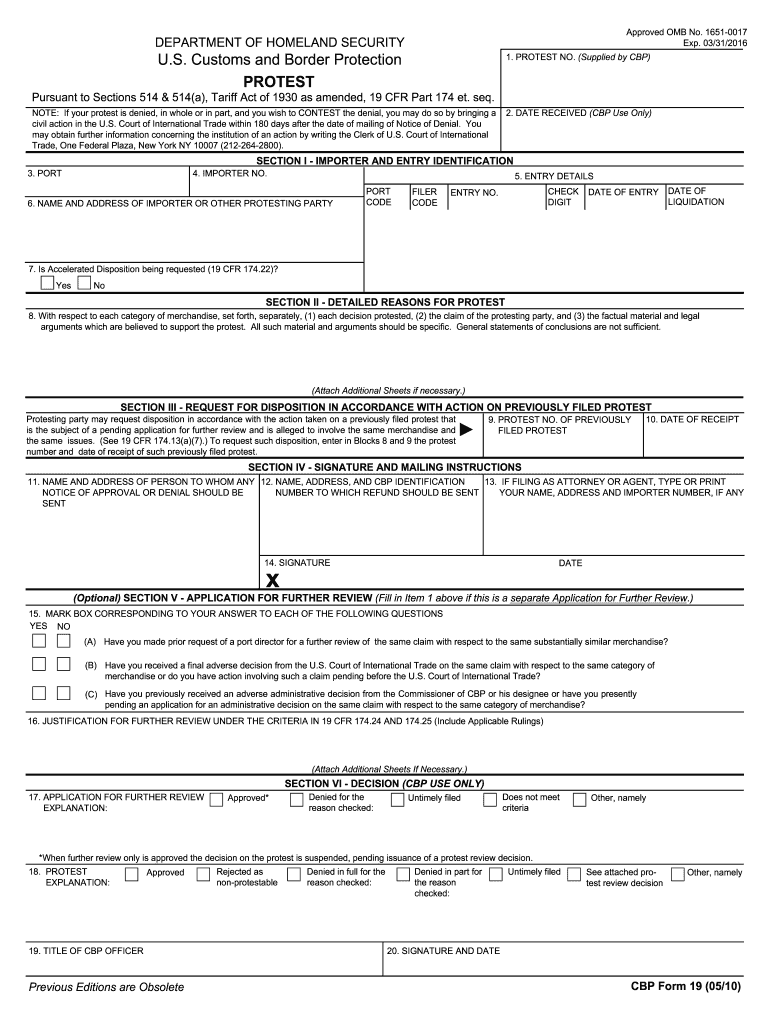 CBP Form 19  US Customs and Border Protection  Cbp