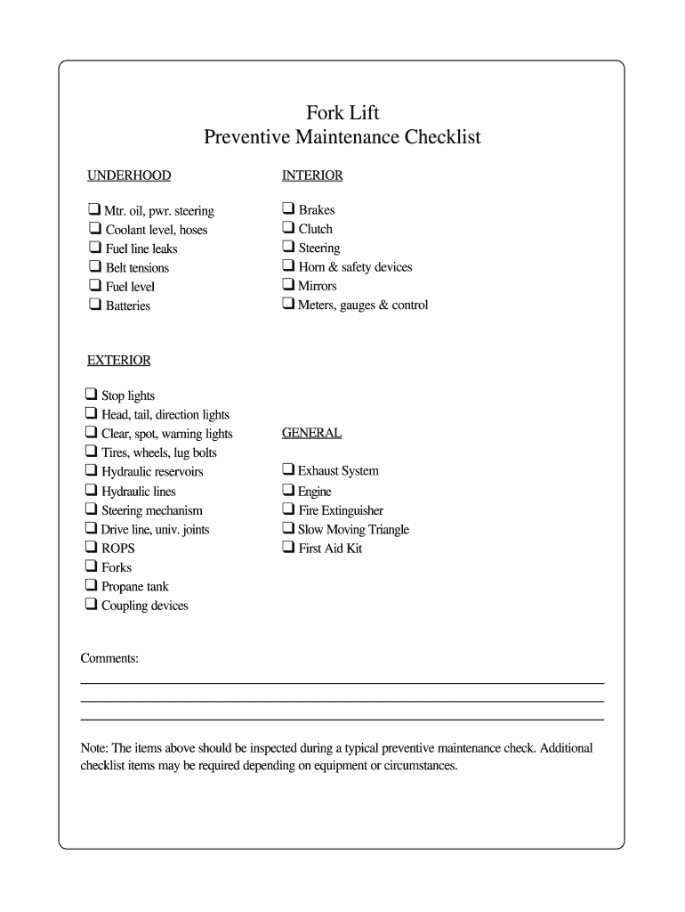 Forklift Preventive Maintenance Checklist Excel  Form