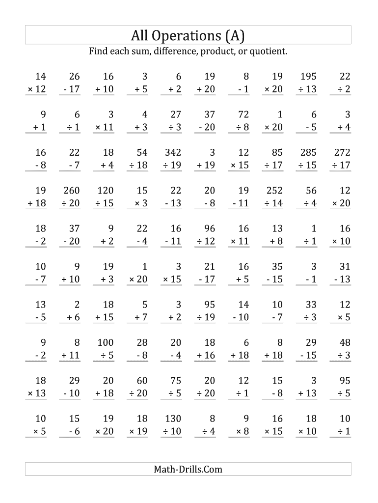 Mixed Operations Worksheet All Operations with Facts from 1 to 20 Mixed Operations  Form