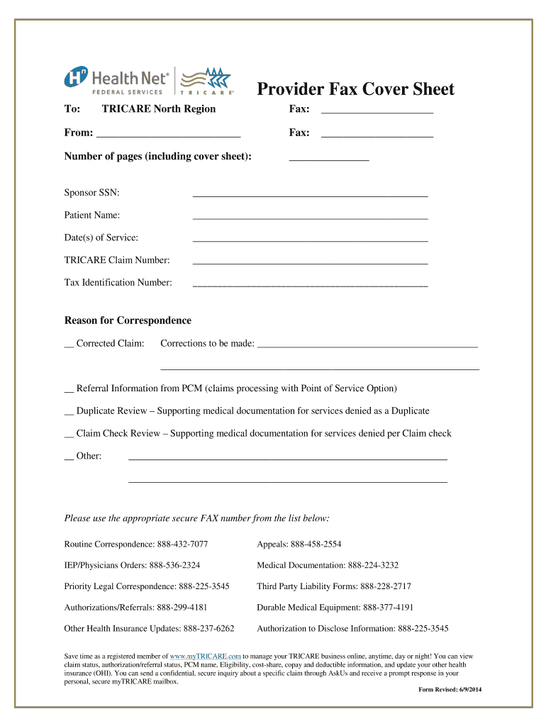 Provider Fax Cover Sheet MyTRICARE Com  Form