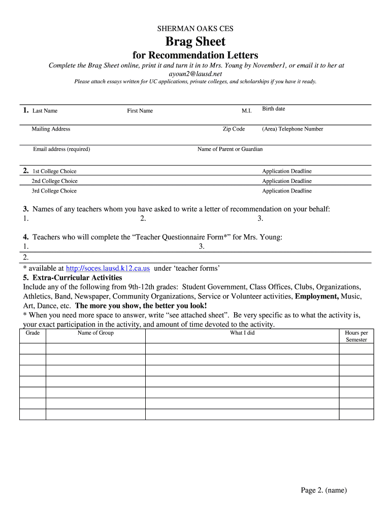 Brag Sheet for Computer  Form