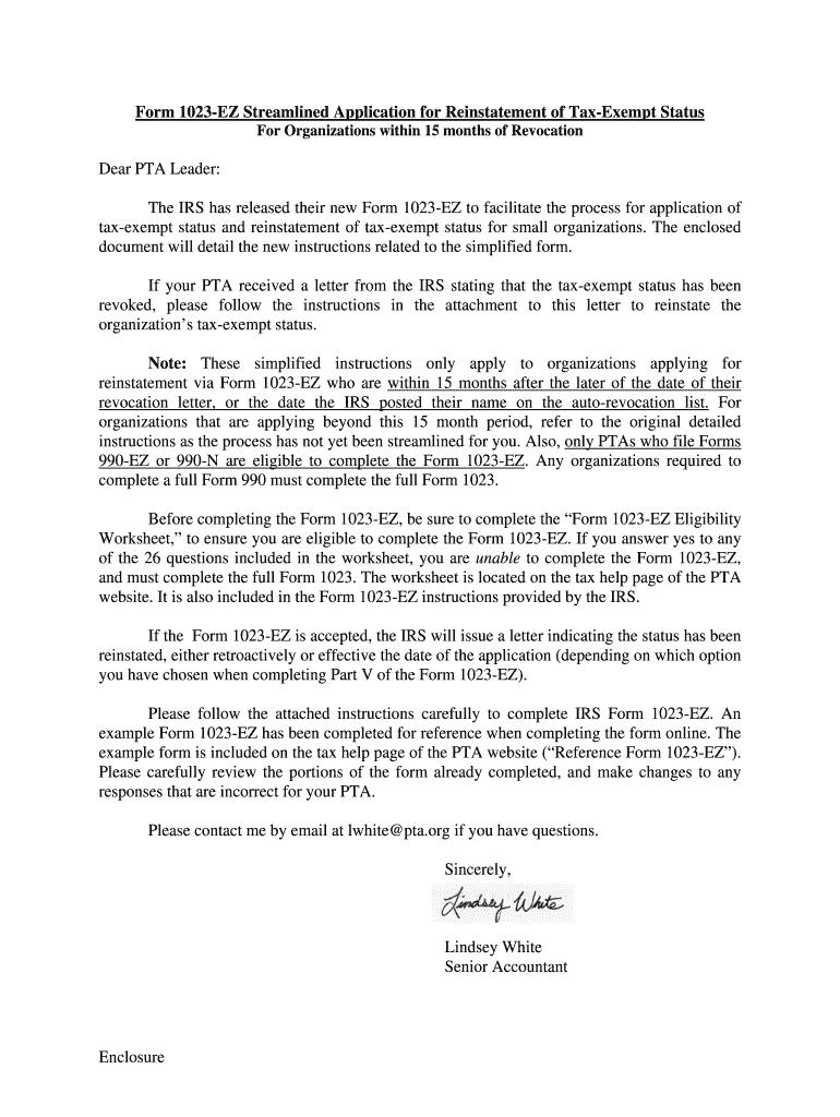 Form 1023 EZ Streamlined Reinstatement Instructions  National PTA  Pta