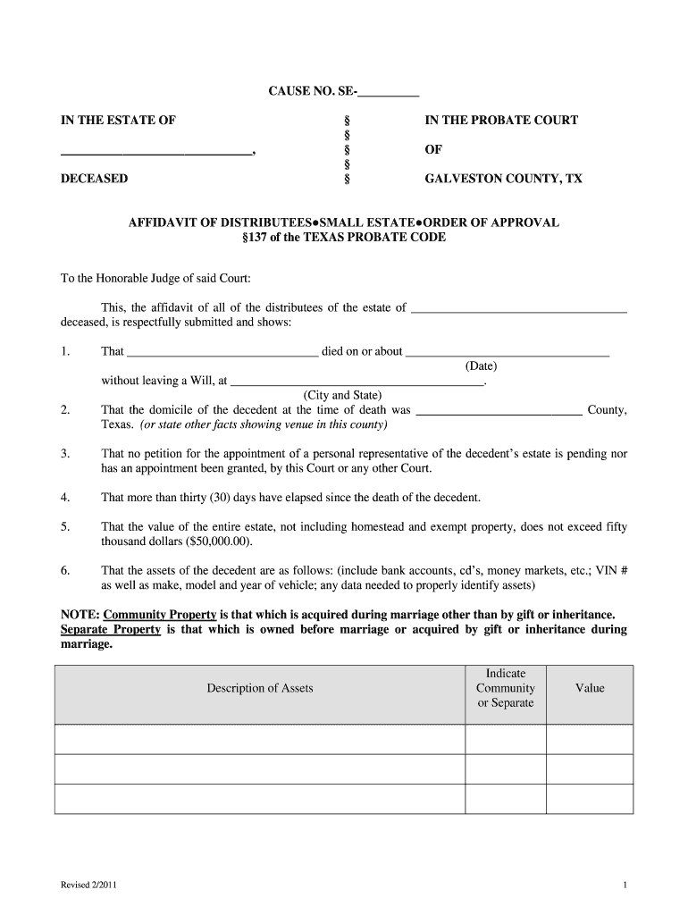 Get and Sign Small Estate Affidavit Texas 2011-2022 Form