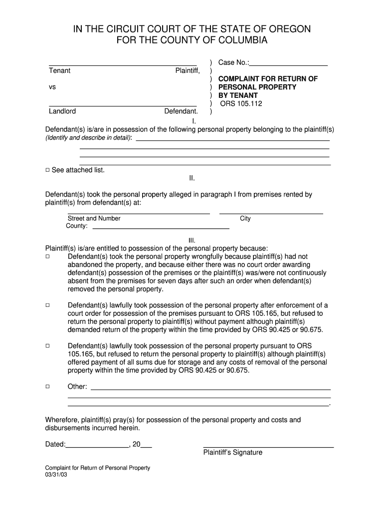  COMPLAINT for RETURN of PERSONAL PROPERTY by TENANT Courts Oregon 2003
