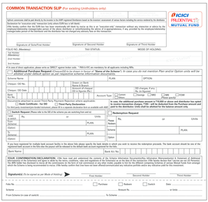 Icici Prudential Mutual Fund Transaction Slip  Form