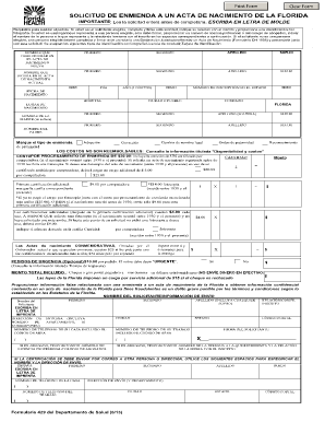 Solicitud De Enmienda a Un Acta De Nacimiento De La Florida  Form