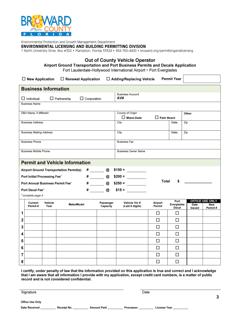 Broward County Out of County Vehicle Operator Airport Ground Transportation and Port Everglades Business Permits and Decals Appl  Form