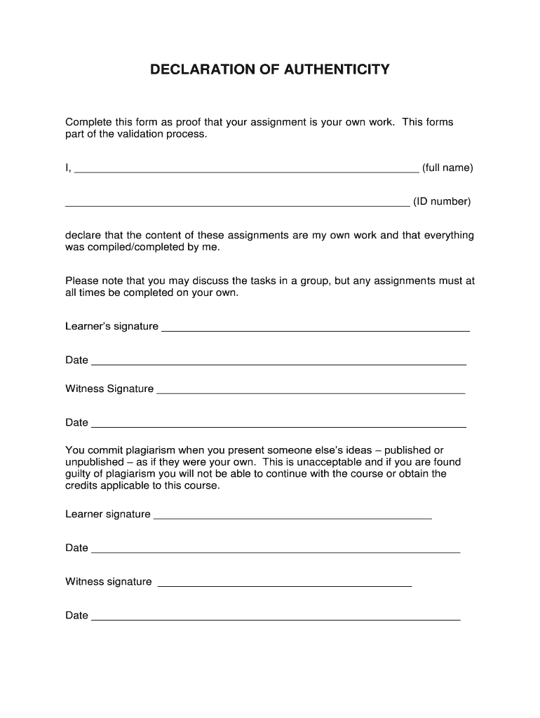 Declaration of Authenticity  Form