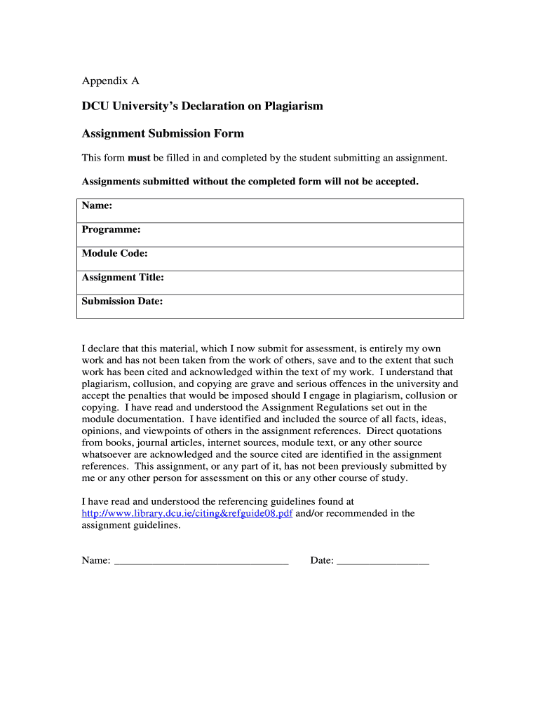 Dcu Assignment Cover Sheet  Form