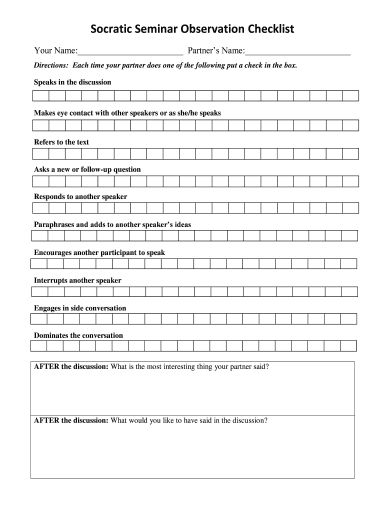 Socratic Seminar ObservationAssessment Tools Spokane Public  Form