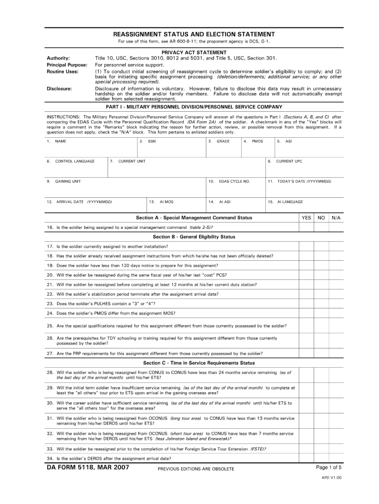  Army 5118 Form 2007