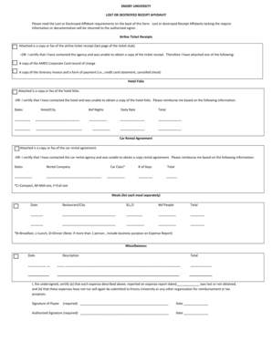 Lost Receipt Affidavit Emory Finance Emory University Finance Emory  Form