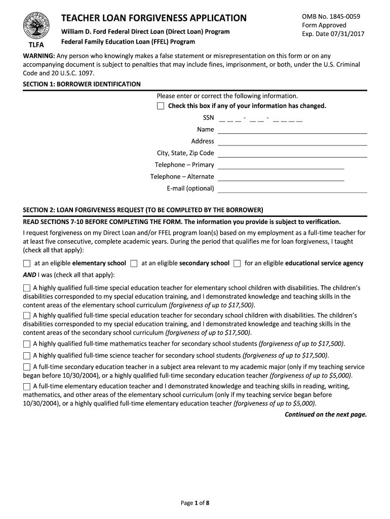 Teacher Loan Forgiveness Application 7312017 Form