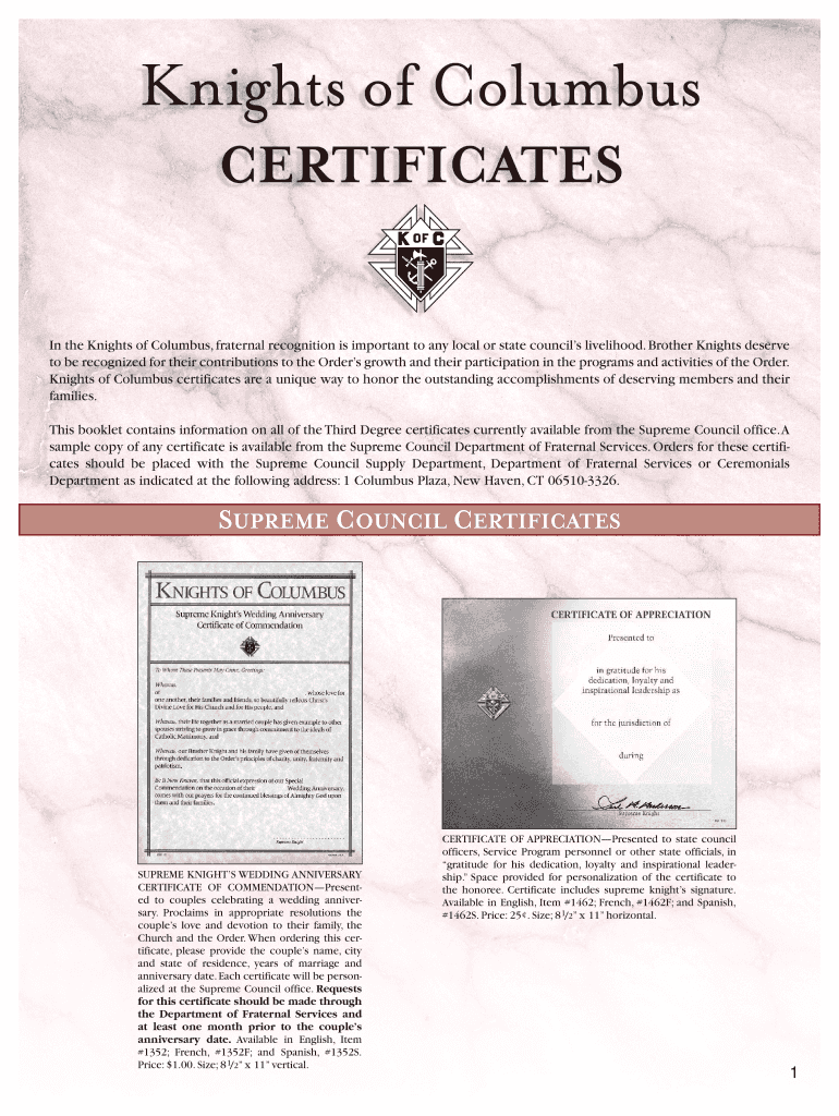 Knights of Columbus Certificate Templates  Form