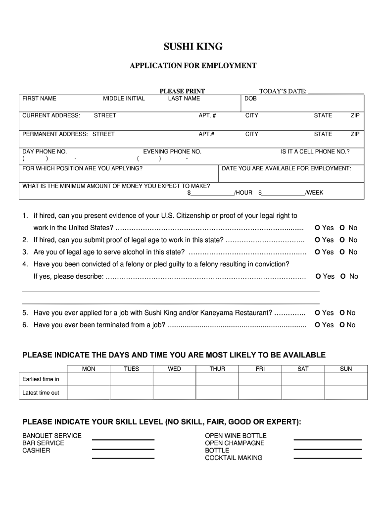 Fancy Sushi Job Aplication PDF  Form