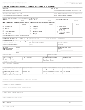 Child&#039;s Preadmission Health History Parent&#039;s Report Enrollment  Form