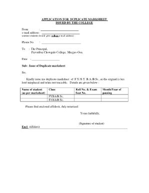 Letter for Duplicate Marksheet  Form