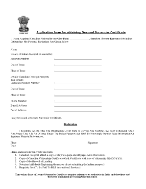 Deemed Surrender Certificate Indian Passport  Form