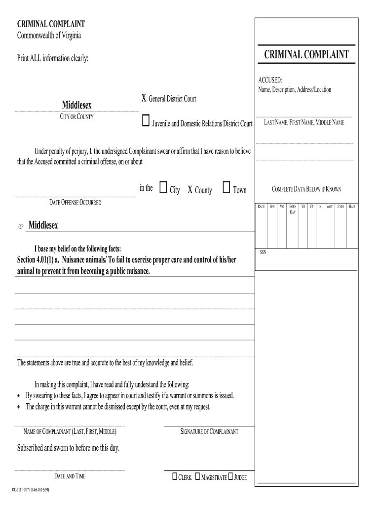  Virginia Criminal Complaint Form Dc 311 Fillable 2011