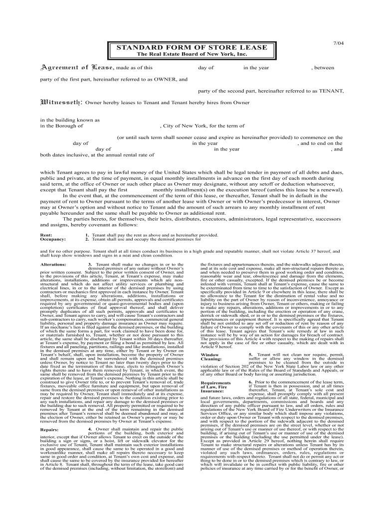  Standard Form of Store Lease New York 2004-2024